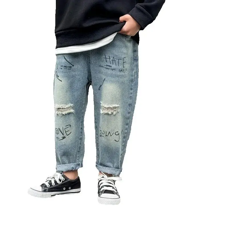 Kids Jeans Teens Boy Casual Trousers Children Elastic Waist Ripped Pants 2-10 Years Fashion Solid Color Straight Denim Pants