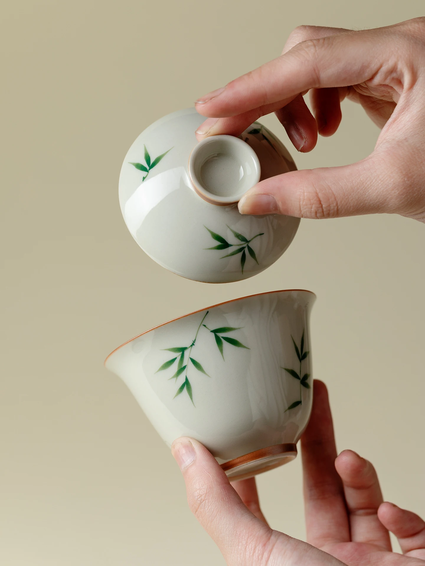 

Hand-Painted Green Bamboo Gaiwan Household Non-Scald Tea Brewing Bowl High-End Making Teaware Ladies Ceremony