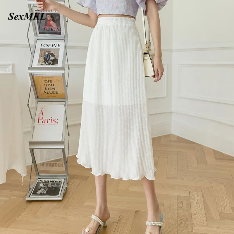 Elegant Summer Black Long Skirts Women 2024 New Fashion High Waist White Pleated Skirt Korean Holiday Sexy Chiffon Maxi Skirt