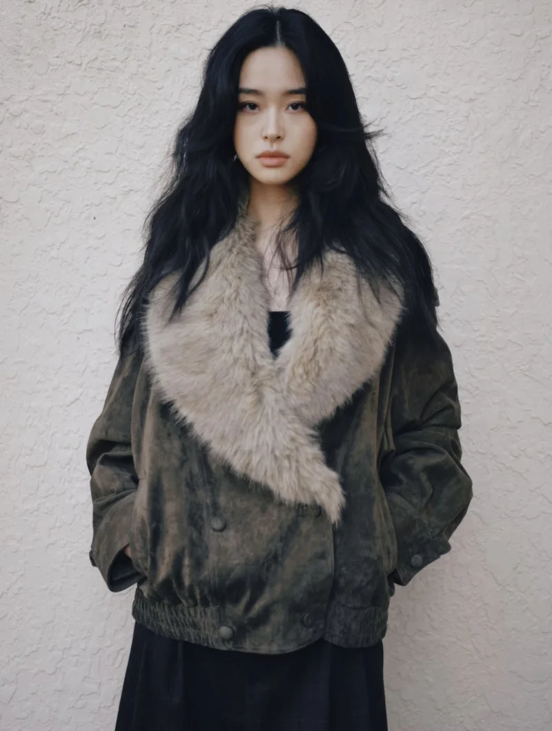 سترة نسائية شتوية جديدة ETJ 2025 قابلة للفصل من الجلد الصناعي مع ياقة كبيرة من الفرو وسترة فضفاضة من جلد الغزال