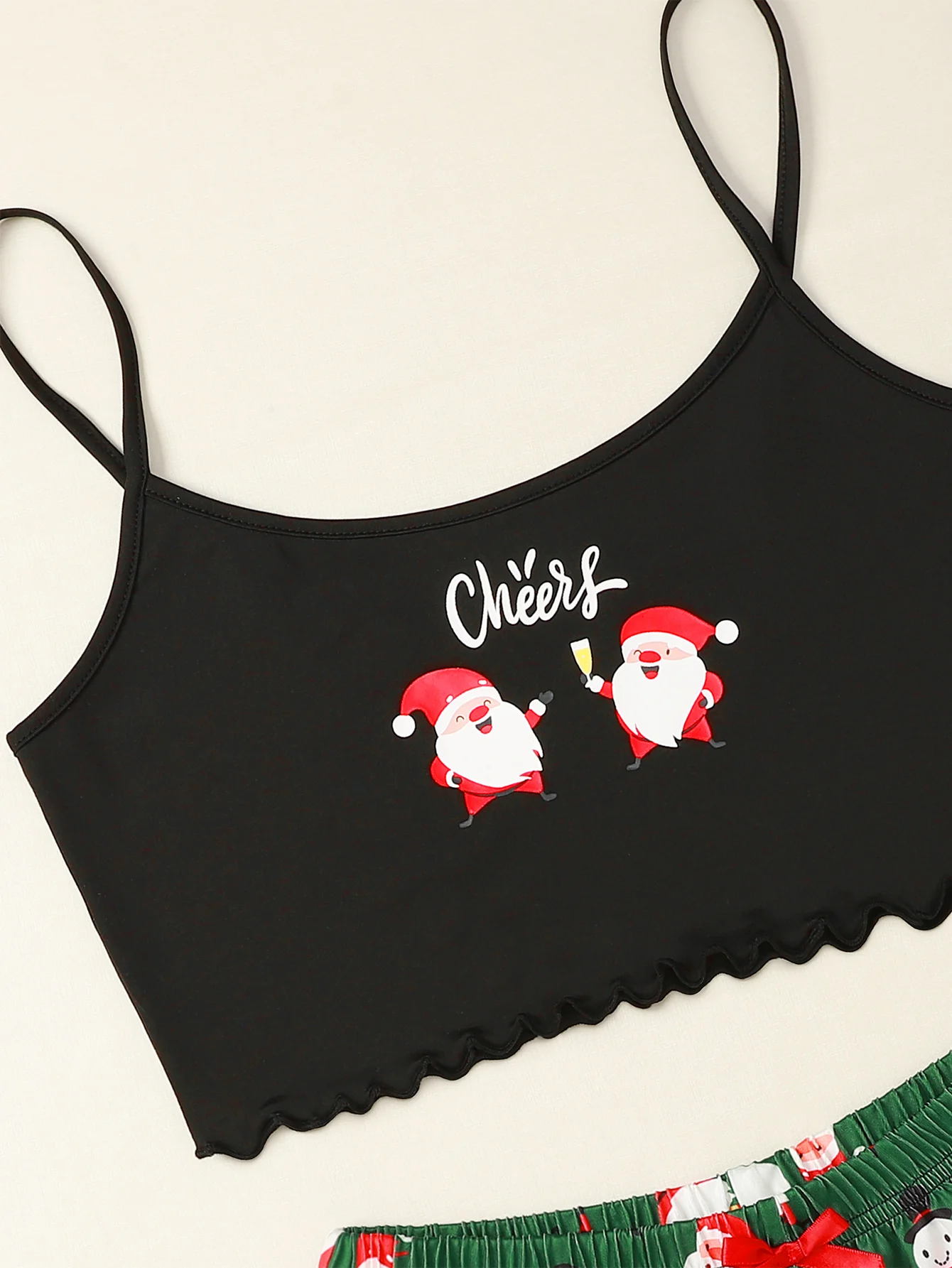 Women\'s Cute Cartoon Christmas Santa & Snowman Print Frill Trim  Sexy Pajama Set Backless Crop Cami Top & Shorts