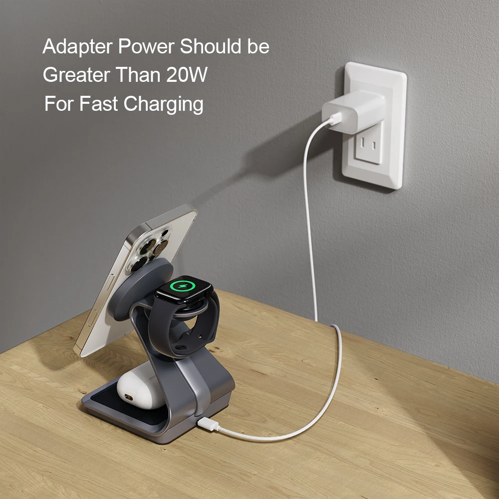 محطة شحن Bonola 3 في 1 لهاتف iPhone 17/16/15/14/13 حامل شاحن لاسلكي معدني مغناطيسي لساعة Apple/AirPods Pro #2