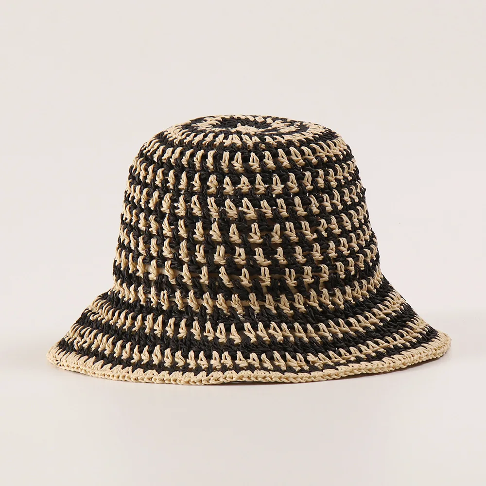 Hot Sale New Spring Summer Hollow Bucket Hat, Hand Crochet Plaid Fisherman Cap for Women, Casual Simple Sun Straw Hat Vacation