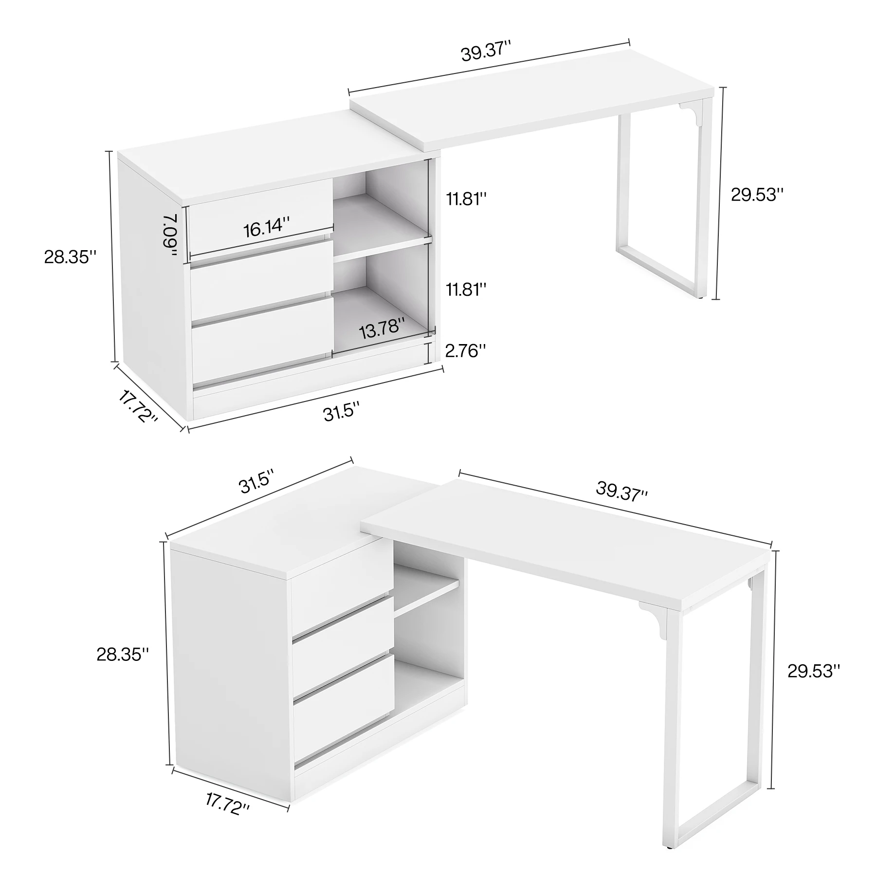 L-shaped computer desk with drawers and shelves, reversible corner desk