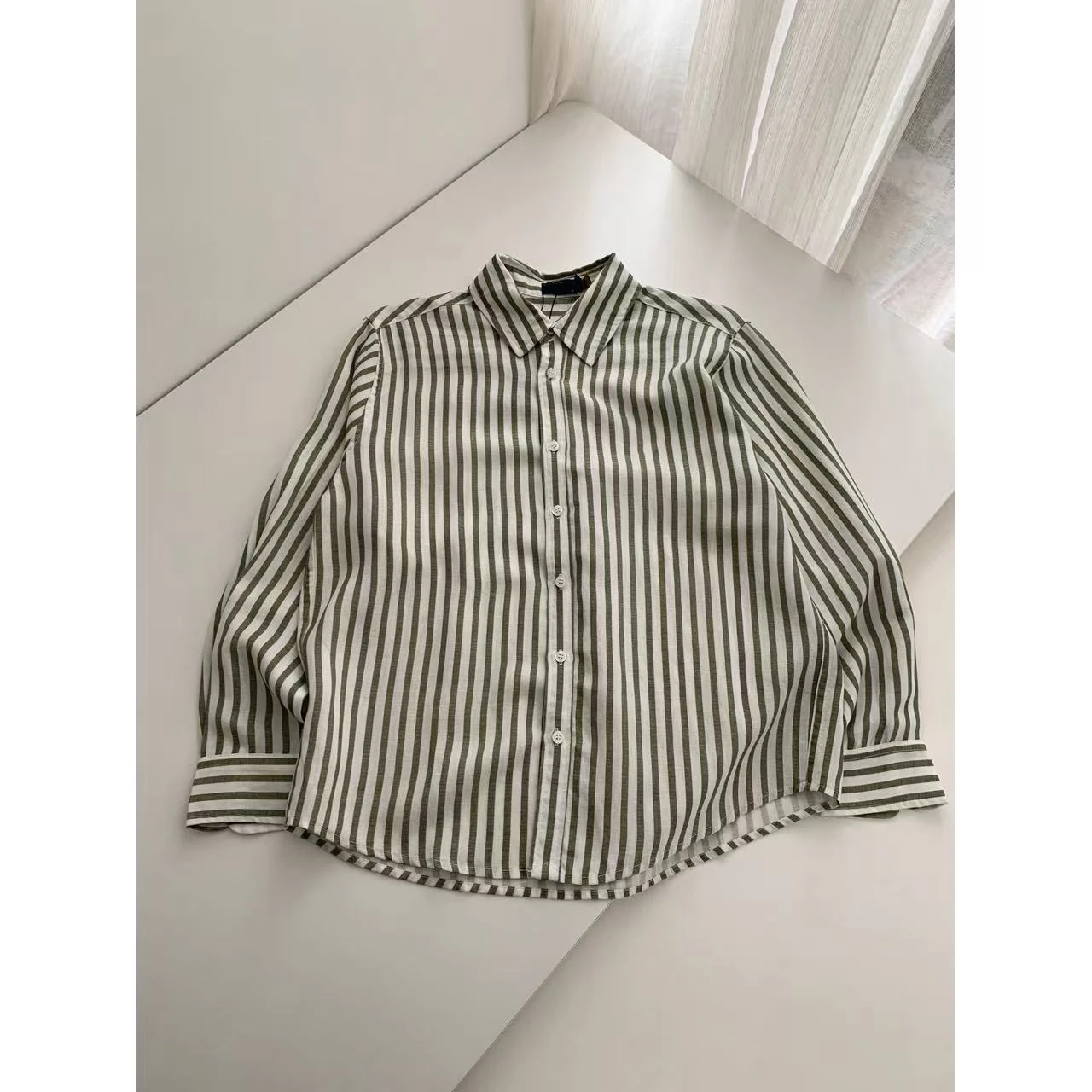 

KAILE Spring Summer Matcha Green Striped Embroidered Casual Long Sleeve Shirt Coat Female Commute Style Straight Cut Breathable