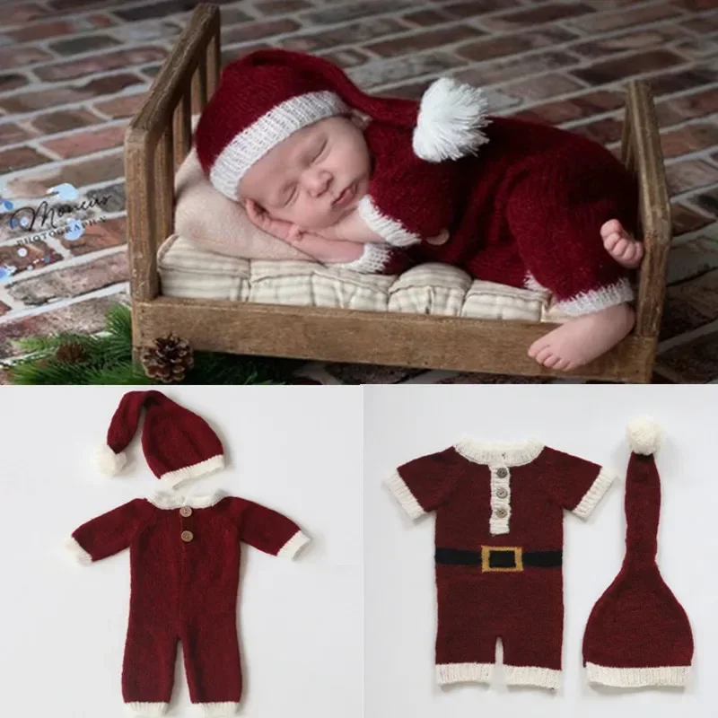 Newborn Photography Outfit Baby Costume Crochet Romper Hat Set Baby Jumpsuit Bodysuit Santa Clothing  Baby Photoshoot Outfit