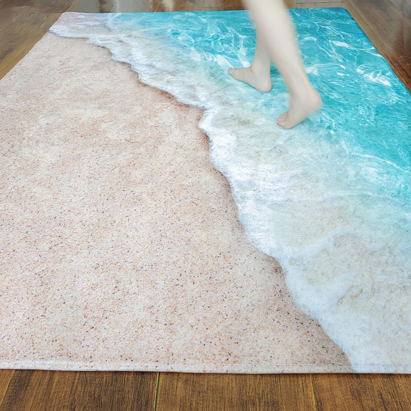 Tapis 3D en Polymères pour Salon, Grands Vagues, Plage, Chambre d\'Enfant, Bleu, Moderne, Maison