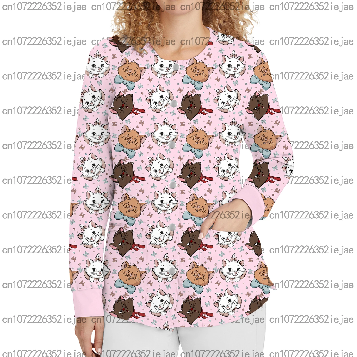 جديد طويل الأكمام جولة الرقبة قميص مطبوع ديزني ماري القط المرأة المفاجئة سترة جيب ركاب ملابس العمل ملابس التمريض