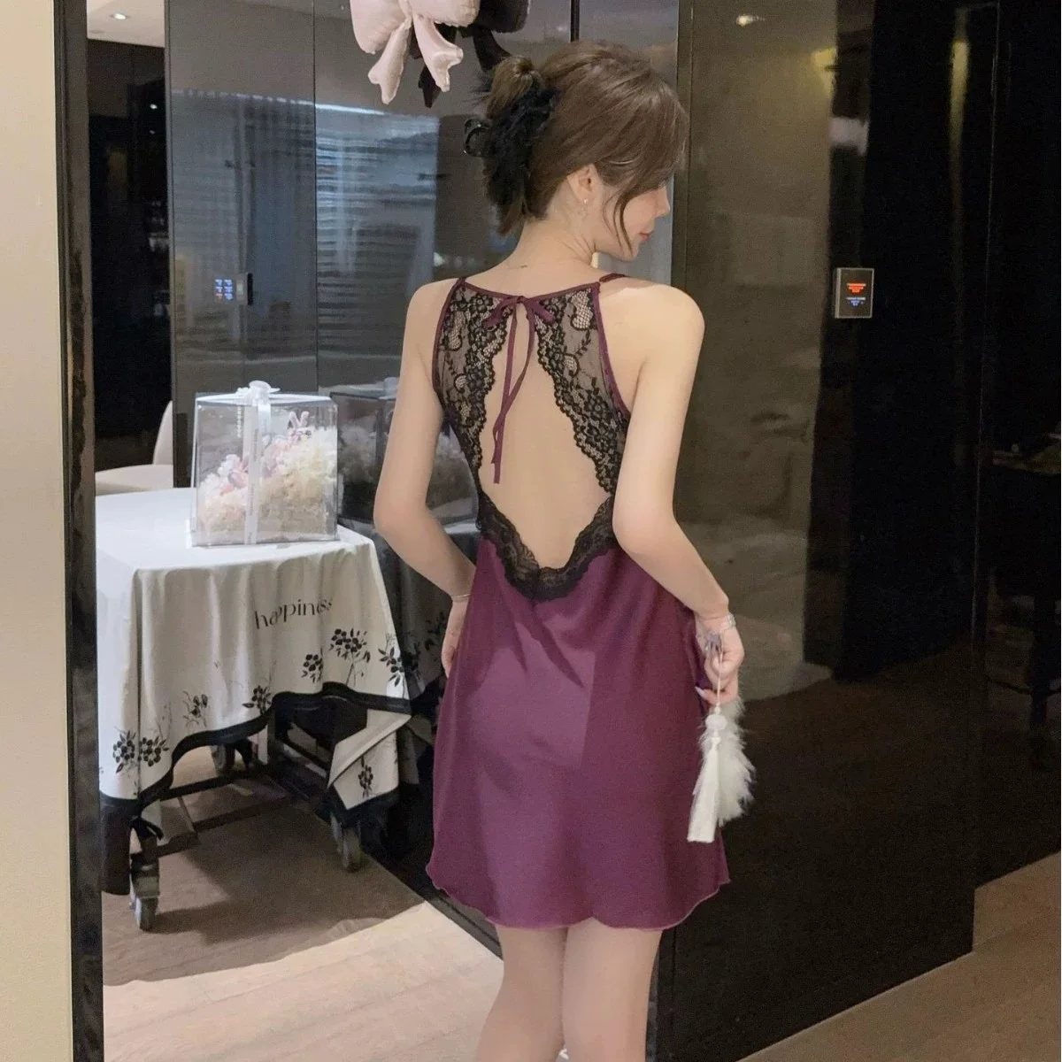 

Women 2Pcs Robe Nightgown Set Sexy Split Lace Suspender Nightdress Intimate Lingerie Summer New Female Sleepwear Rayon Homewear