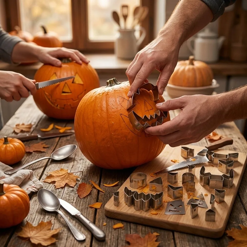 Pumpkin Carving Tools 24PCS Halloween Kit with Stainless Steel Cutters Pumpkin Scoop Hammer and 22 Reusable Stencils