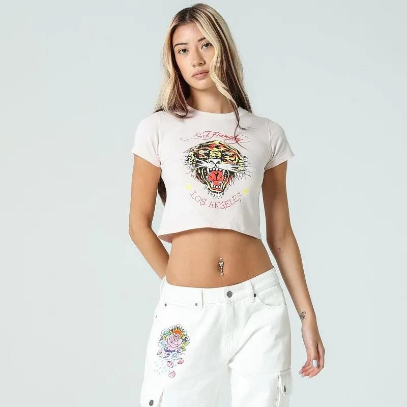 T-shirt a maniche corte girocollo da donna Y2k con stampa motivo graffiti hip-hop, vestibilità slim e vestiti vintage sexy streetwear