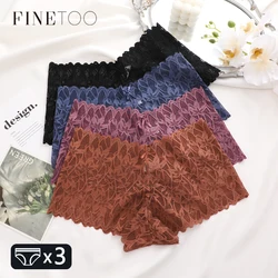 FINETOO 3Pcs кружева цветочные Boyshort женские трусики сексуальные полые из дышащий нижнее белье женские низкой талией мягкие нижнее белье S-XL