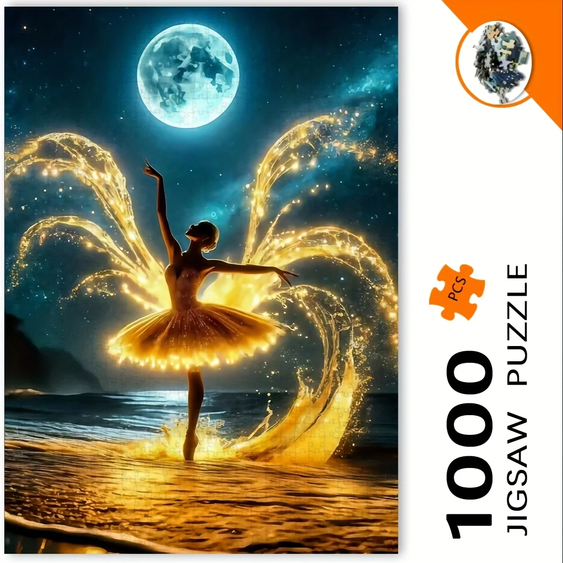 1000 قطعة من أحجية الصور المقطوعة - فتاة الرقص القمر مع شرارات ذهبية، تحدي راقصة الباليه السماء الليلية مع جزيئات متوهجة، Vib