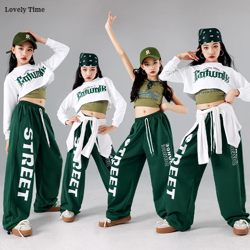 Hip Hop Girls K-pop Crop Top Cool Letters Green Sport Joggers Pants Clothes Set Children Streetwear Kids Jazz Girl Group Costume