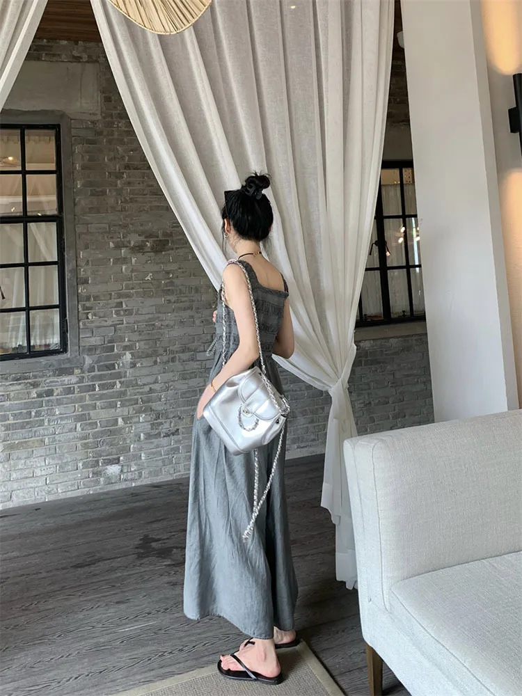 Suspender Jumpsuit 2023 Summer Lmitation High Waist Elastic Ruffles Wide Leg Pants Full Length Jumpsui