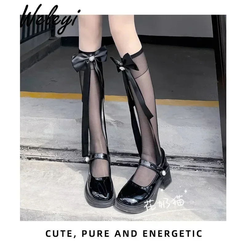 Y2K Sweet Accessories Lolita Jiri Kei Big Bow Pearl White Silk Calf Socks Summer New Cute Transparent Thin Half Socks for Women