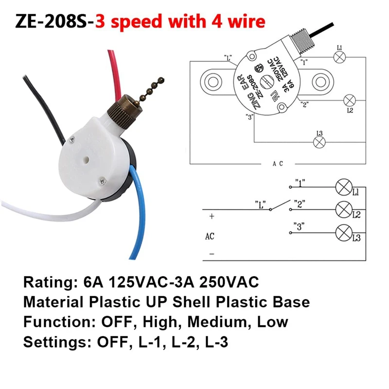 2 PCS Fan Light Switch ZE-208S 3 Speed 4 Wire Ceiling Fan Switch Replacement Part Speed ControlPull Chain Switch Bronze