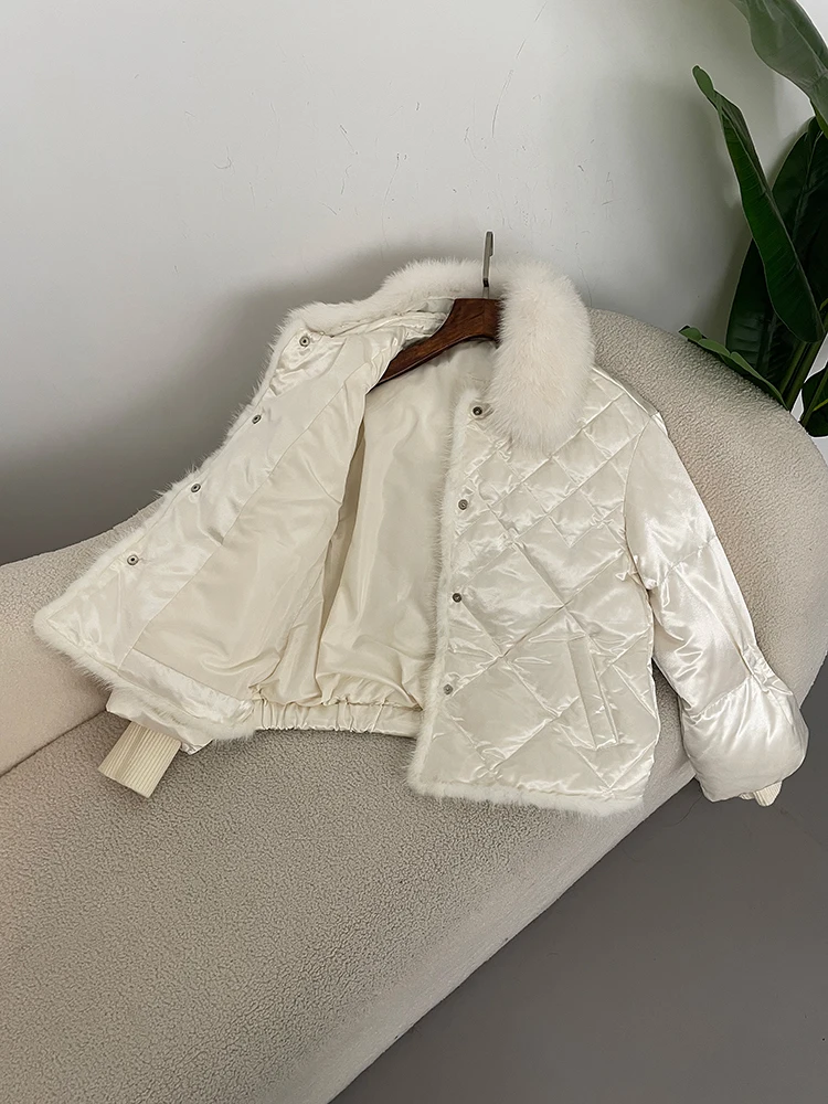 2025 المرأة الشتاء 90% الأبيض بطة أسفل معطف الثعلب الفراء طوق المنك أسفل سترة قصيرة فضفاضة عادية سميكة معاطف دافئة #5