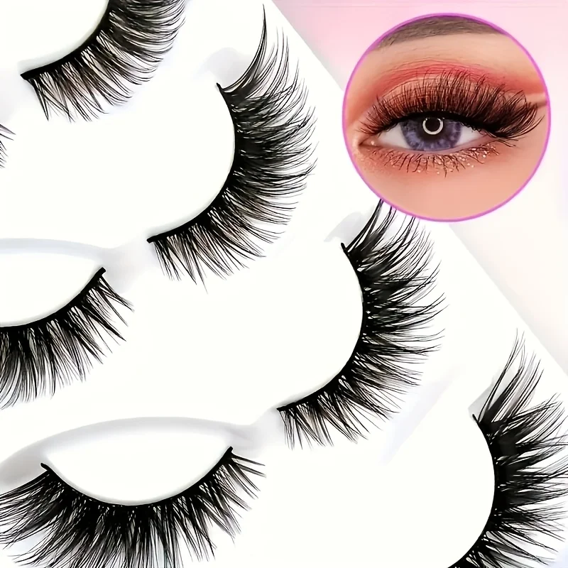 5 pairs of black stem long tube cat eye eyelashes, natural appearance, soft curl up, peak expansion, comic style, dramatic eyela