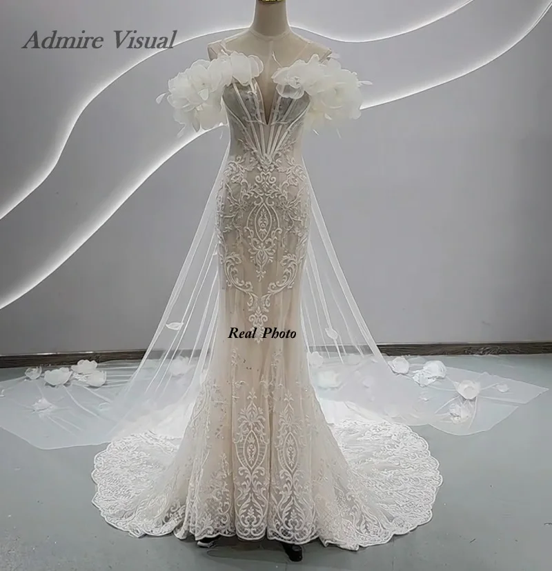 

Admire Visual Wedding Dress Mermaid Lace Deep Sweetheart Neckline With Big Flaps With Big Flowers Customized Bride Gowns
