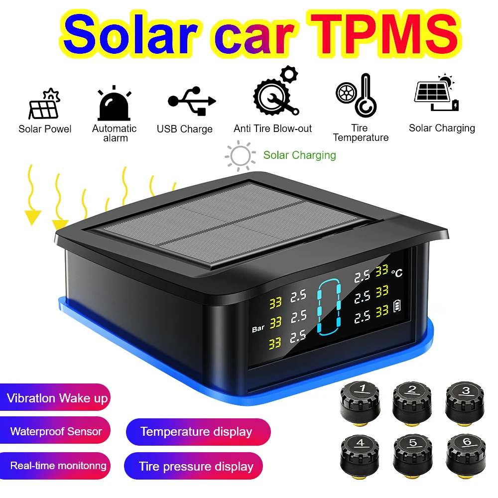 

Car Tire Pressure Alarm Truck RV TPMS Safety Alarm 6 External Sensors Digital LCD Display ​Solar TPMS Monitoring System