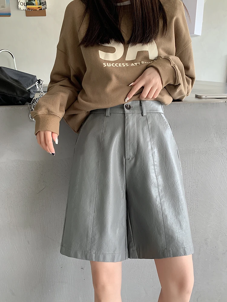 Gray Vintage Leather Women\'s Wide Leg Shorts For Boots High Waist Loose Bermuda Casual Winter Knee Length Pu Short Pants Female