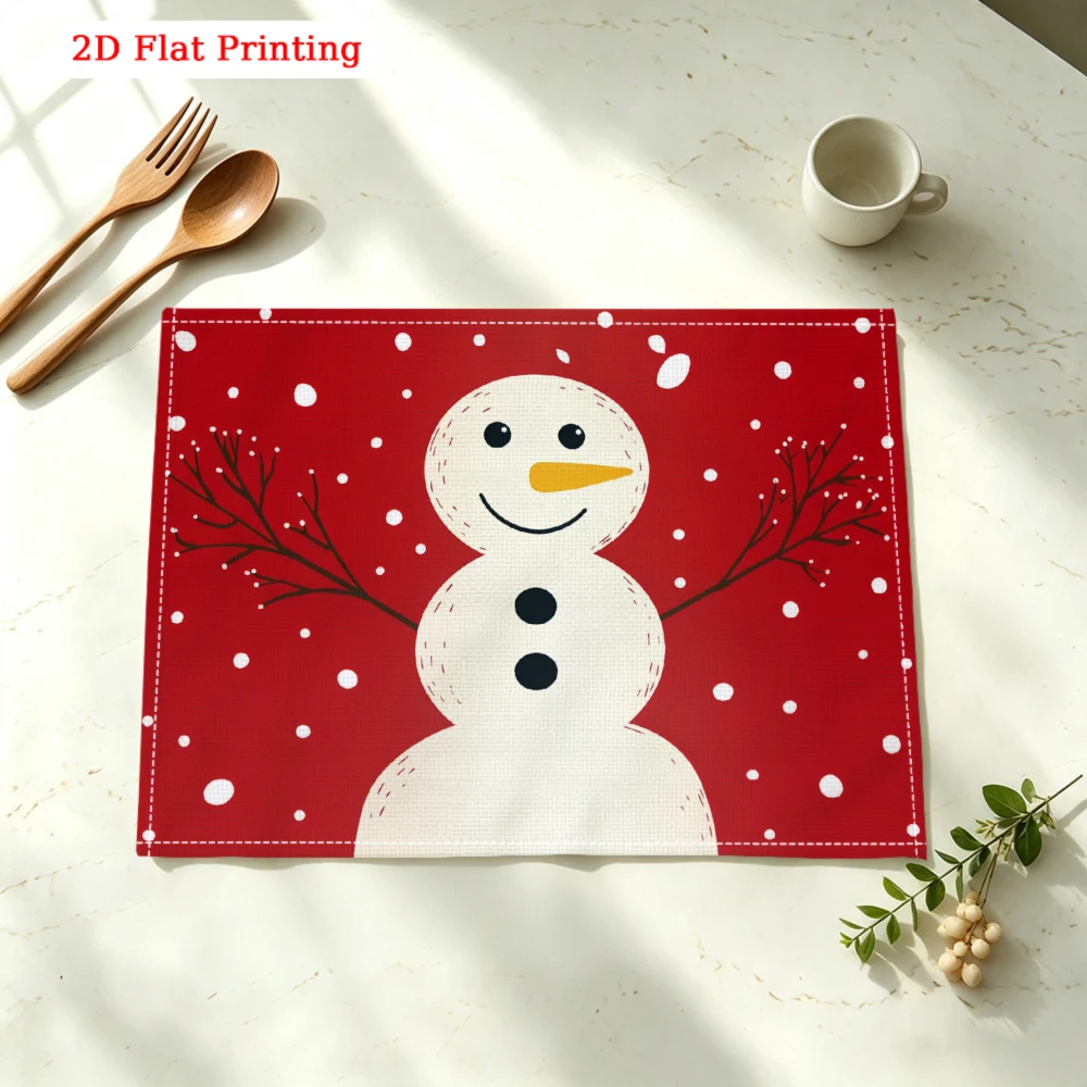 Snowman On Red Background Kitchen Placemat Coaster Linen Pad Dish Coffee Cup Table Mat 30x40cm Home Decor