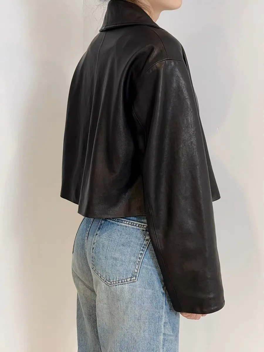 Abbigliamento in vera pelle per donna Cappotto corto con silhouette bavero Giacca da donna con palloncino in vera pelle di pecora Bomber Femme