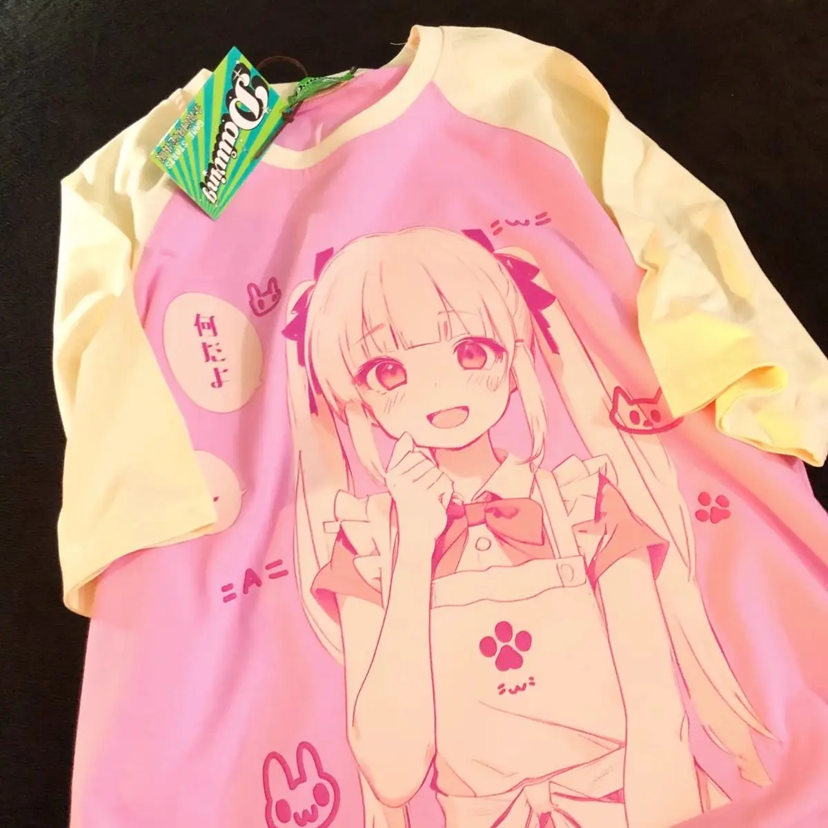 High Quality Kawaii Anime Girl Maid Apron Pink Raglan T-Shirt 100% Cotton Japanese Harajuku Streetwear Sweet Girls Students Tops