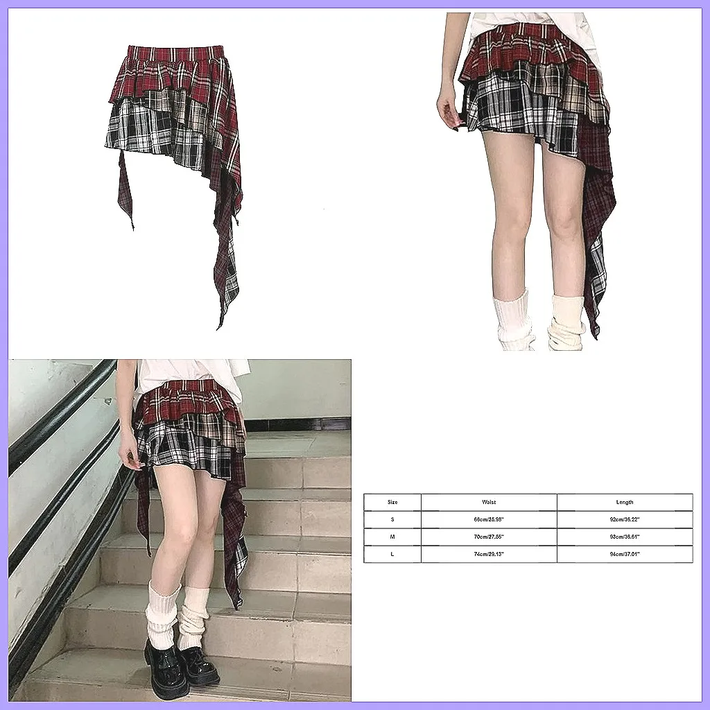 

Punk Check Irregular Stitching Double Color A-Line Mini Skirt, Summer Pleated Skirts for Women