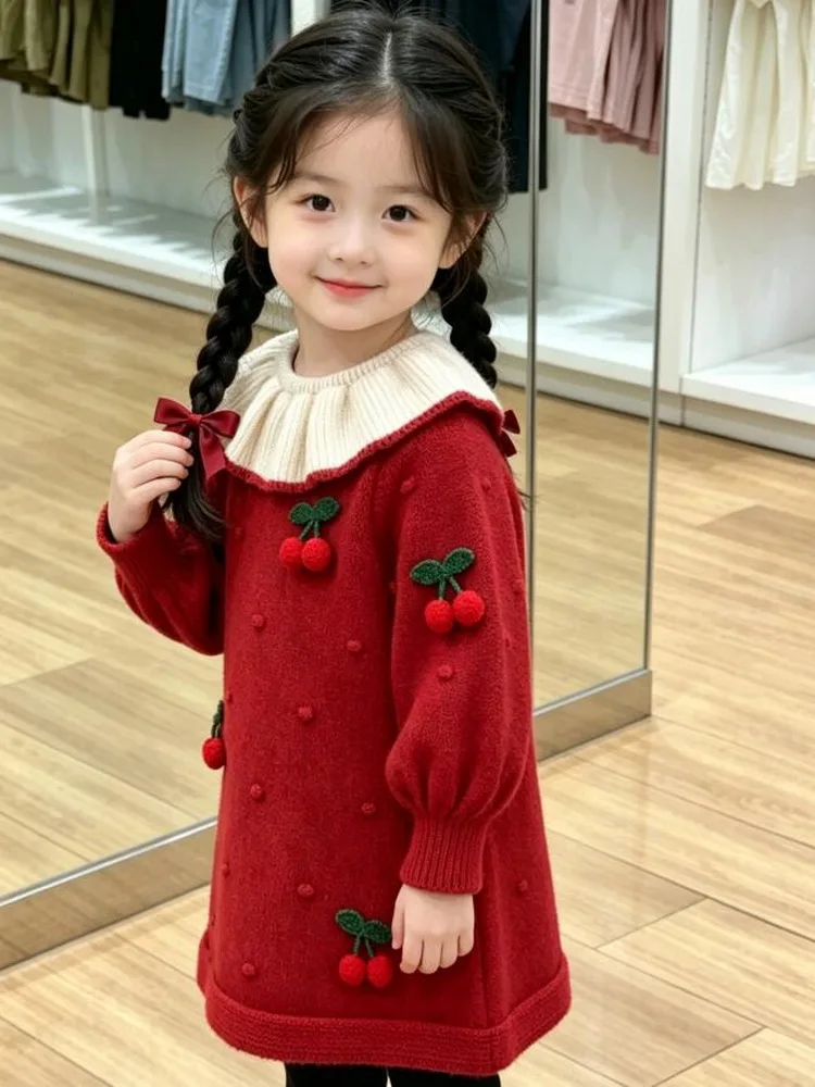 Winter Girls Knitting Wool Long Sleeve Dress Autumn Girls Lotus leaf collar Sweater Dress Children Red Christmas Knitted Dress