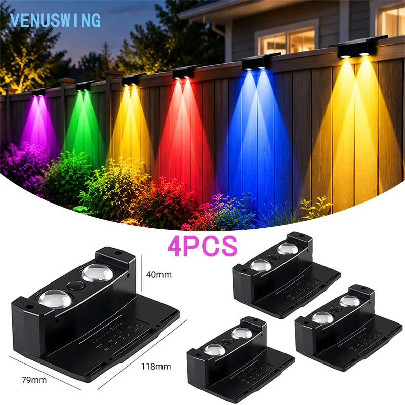 4 pezzi, lampada da recinzione solare con 2 elementi luminosi, impermeabile IP65, per esterni, ideale per giardini, con 12 colori variabili, a basso consumo energetico, lampade da parete solari,