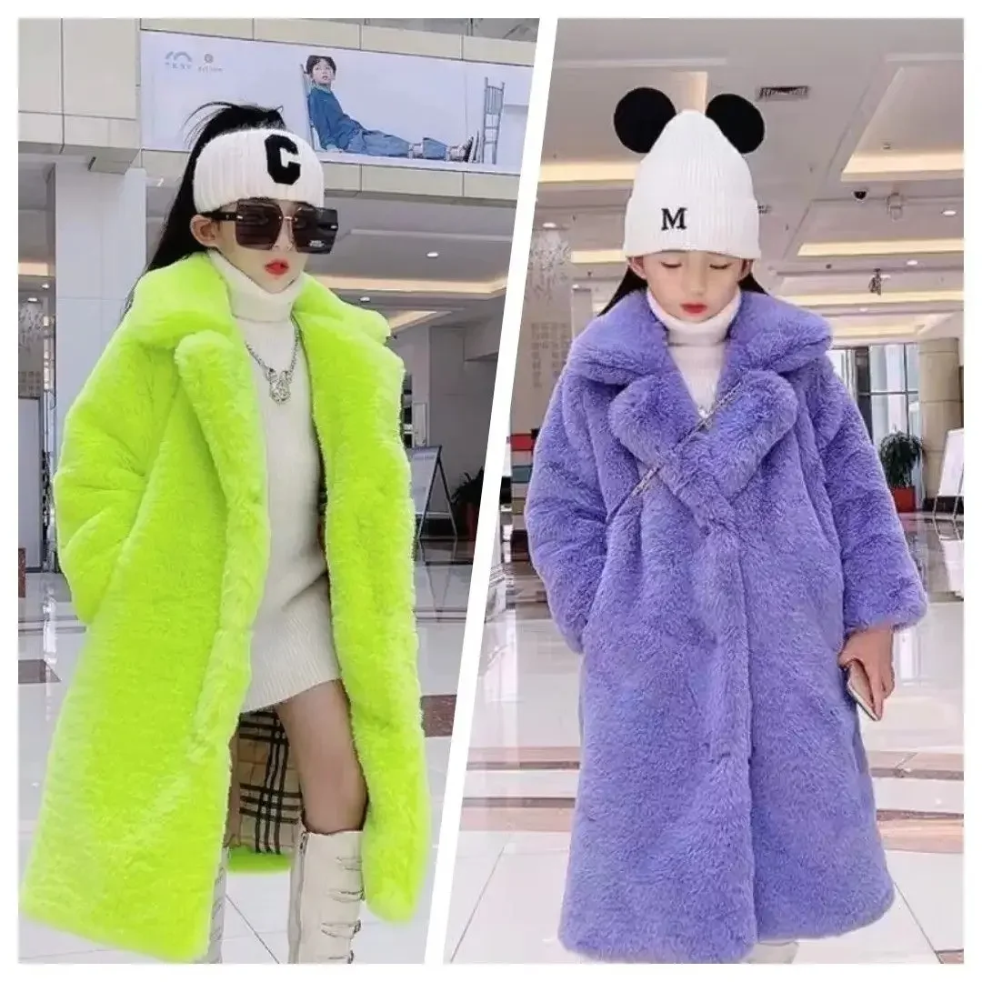 2025 Girls Faux Fur Coat Winter Long Sleeve Warm Jacket Imitation Rabbit Fur Long Coat for Kids 4-15 Years Soft Outwear