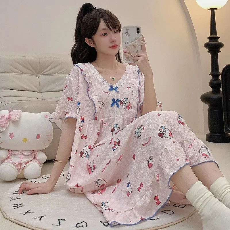 Hello Kitty Plus Size Nightdress Short-sleeved Pajamas Loose and Comfortable Loungewear Cinnamoroll Holiday Gifts Perimeter