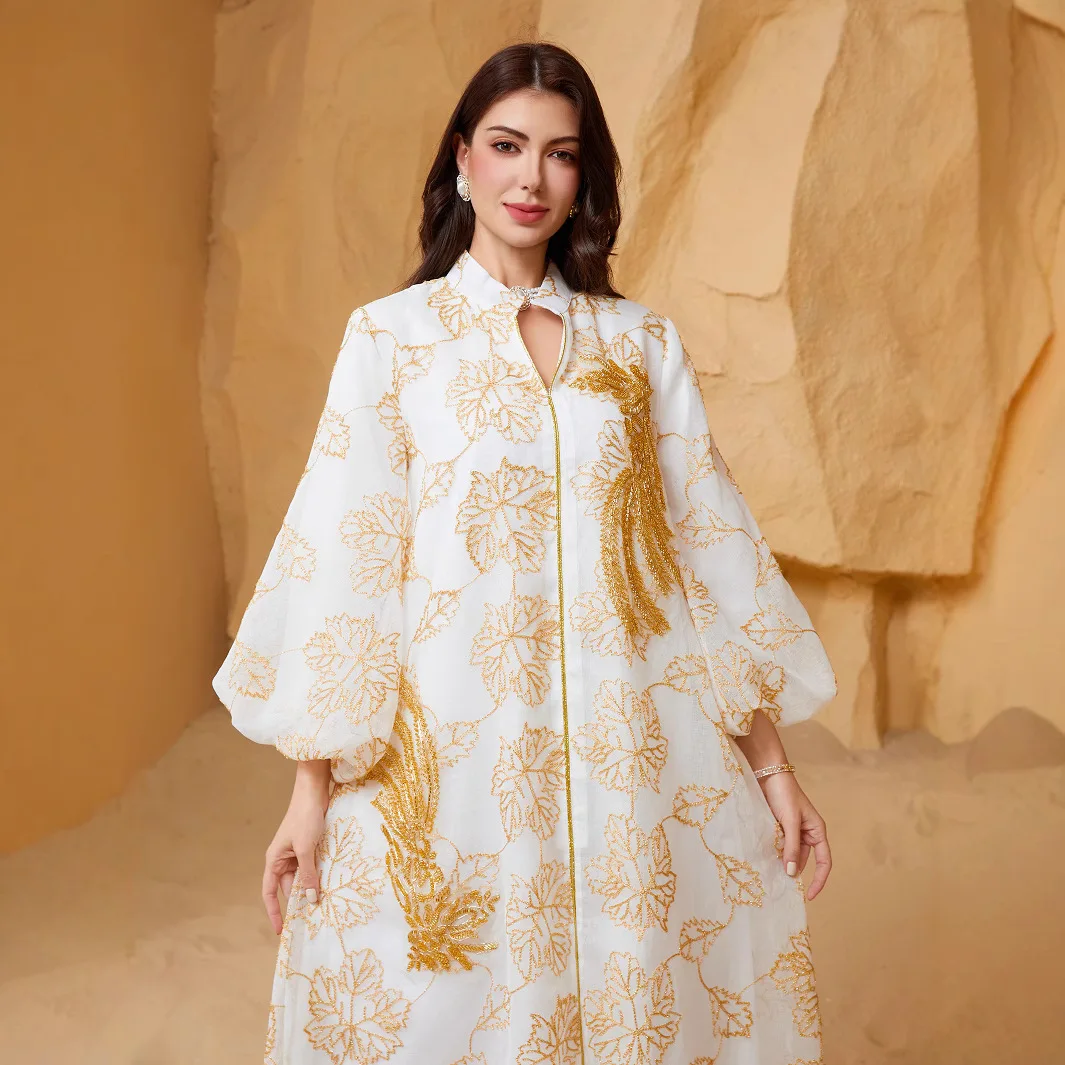 

Middle East Muslim New Fashion Women's Ethnic Diamond Studded Sequins Puff Sleeve V-neck Ankle Length Ceremonial Dresses Female