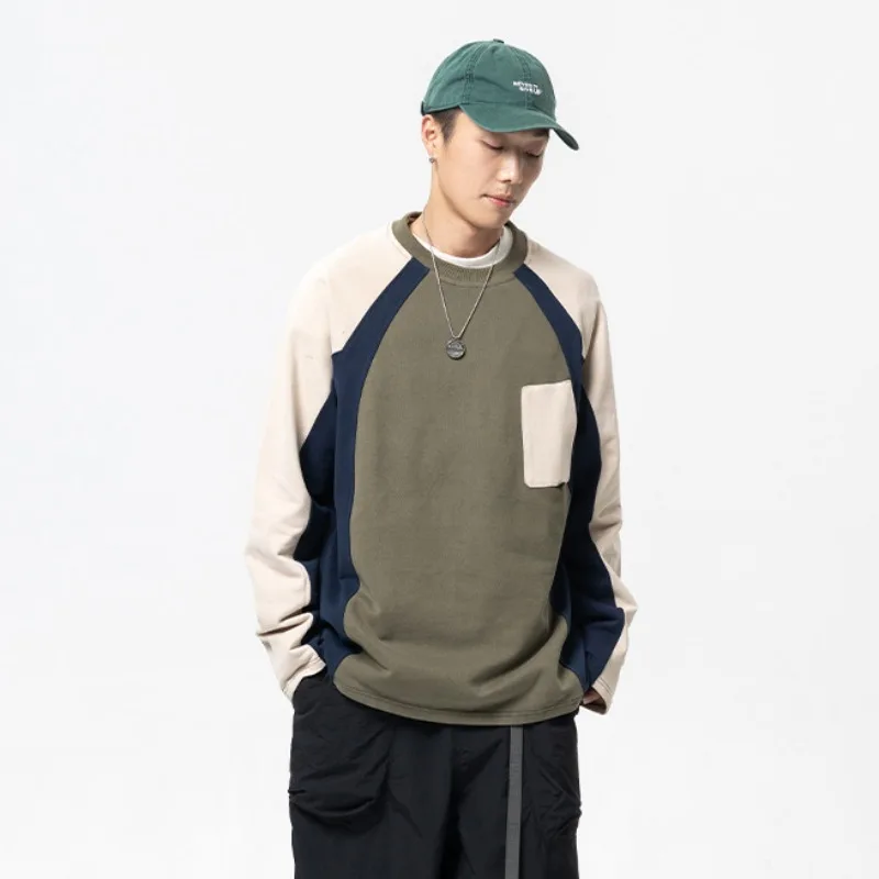 

Spring Male Color Contrast Patchwork Round Neck Hoodie Men's Japanese Style Trendy Loose Bottoming Tops Retro Leisure T-shirt