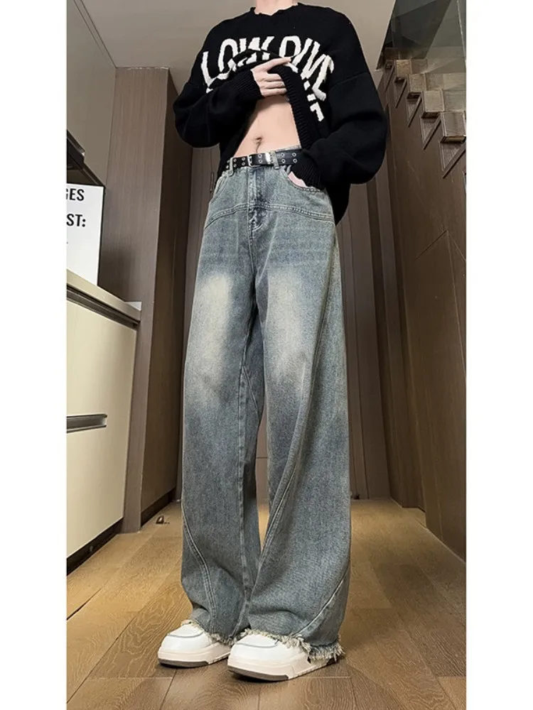 

Мужские джинсы с рваным краем в стиле ретро, весенне-осенние, с лоскутным дизайном, прямые широкие брюки в американском уличном стиле