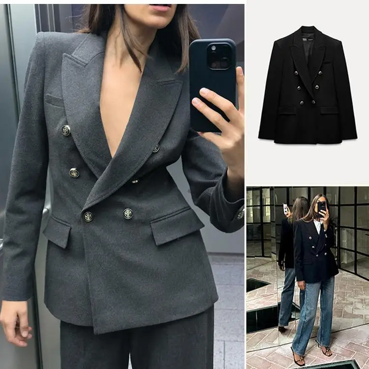 

Classic Versatile Slim Fit Double Breasted Women's Suit Jaet Autumn 2024 Long Sve Pure Color Busin Casual Outerwear