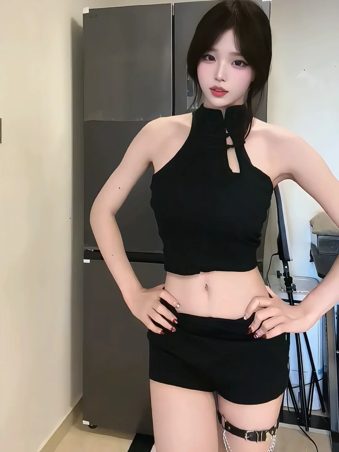 Sexy Spicy Girl Retro Black Stand Collar Button up Vest Top Hollow out Shorts Two Piece Set Summer Pure Desire Bodycon Shorts
