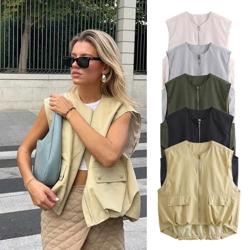 

PB&ZA Women's 2024 Summer New Style Pocket Decorated Sleeveless Pleated Hem Vest Vest Women 7864/386