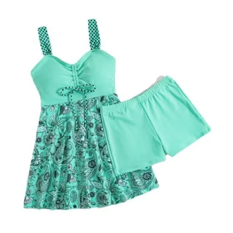 2025 Women's Modest Swim Dress Bikini Set Sexy Blue Floral Two-Piece Swimwear with Skirt Cover Summer Beach Swim Outfits Holiday