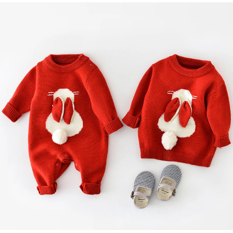 

New Baby Romper Knitted Rabbit Newborn Sweater Boy Girl Jumpsuit Outfit Christmas Red Fall Toddler Infant Winter Twins Clothing