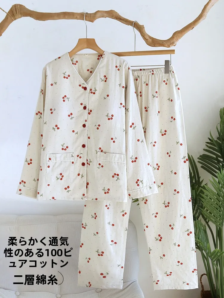 100-cotton-sleepwear-with-chest-pad-women's-long-sleeve-v-neck-home-clothes-spring-autumn-cherry-pure-cotton-gauze-summer
