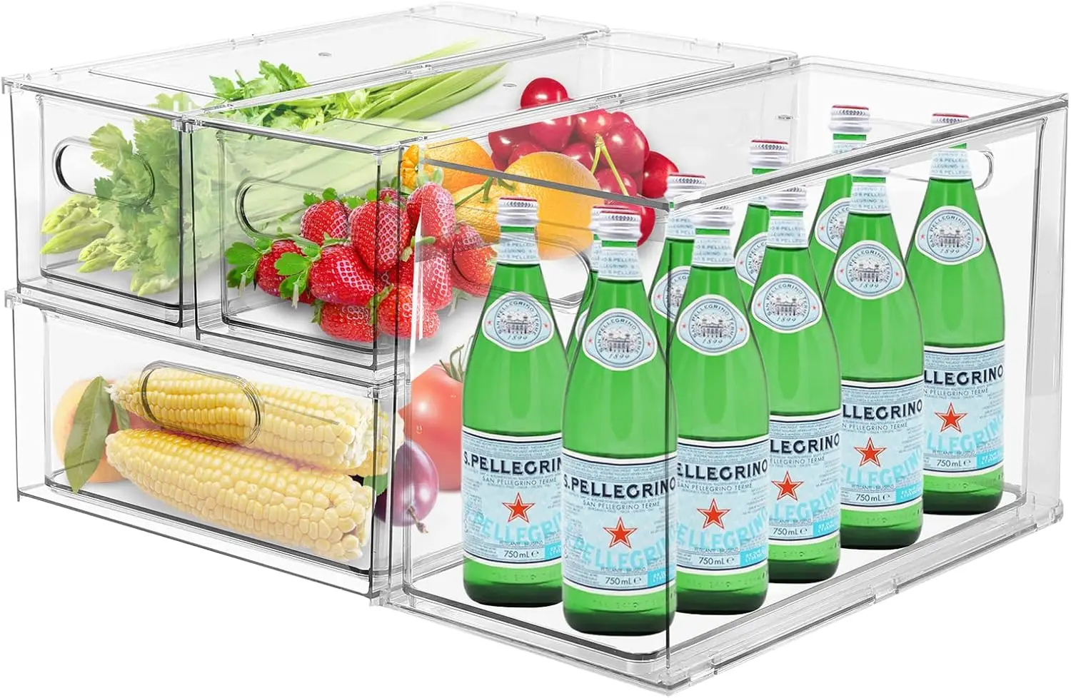 4 Pack Refrigerator Organizer Bins with Pull-out Drawer Stackable Clear Fridge Drawer Organizer Fruit Vegetable Storage Containe