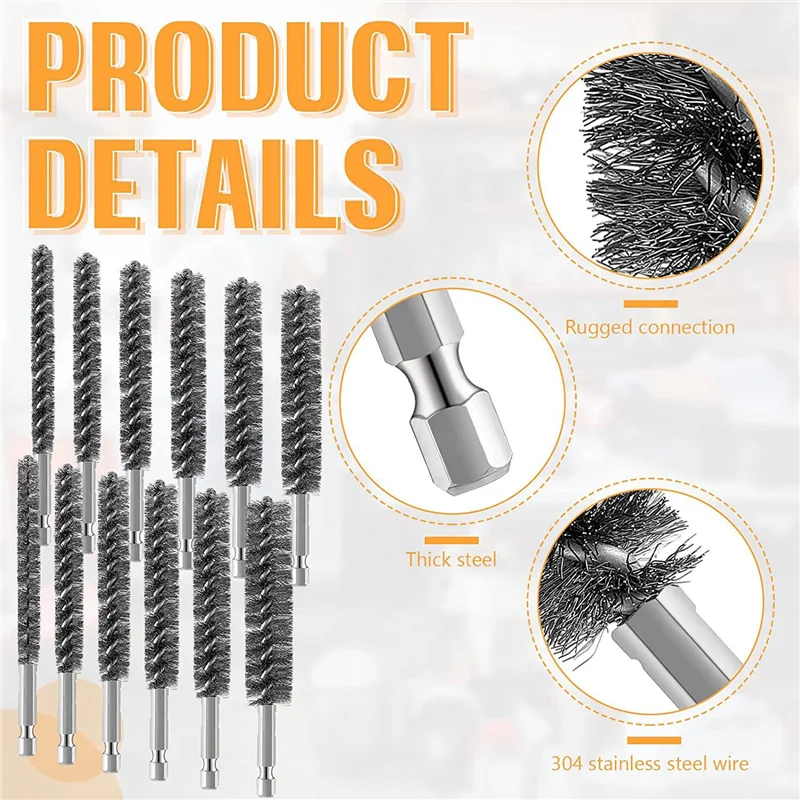 Stainless Steel Bore Brush Stainless Steel Bristles Wire Brush for Power Drill with Hex Shank Handle 12 Pcs