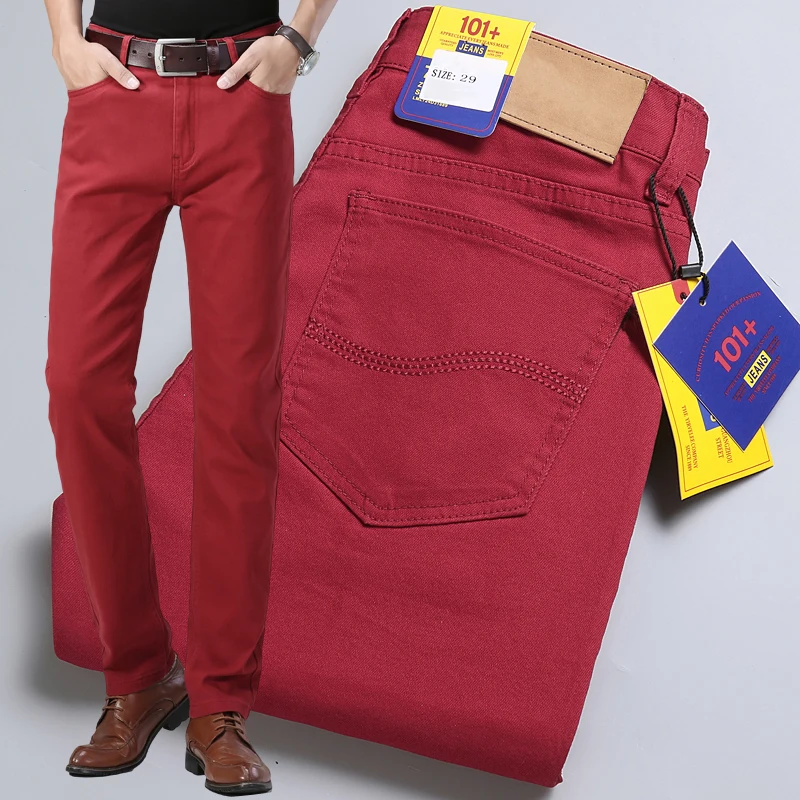 

2025 New Men's Red Khaki Jeans Classic Style Business Fashion Solid Color Stretch Straight Denim Trousers Male Brand Pants