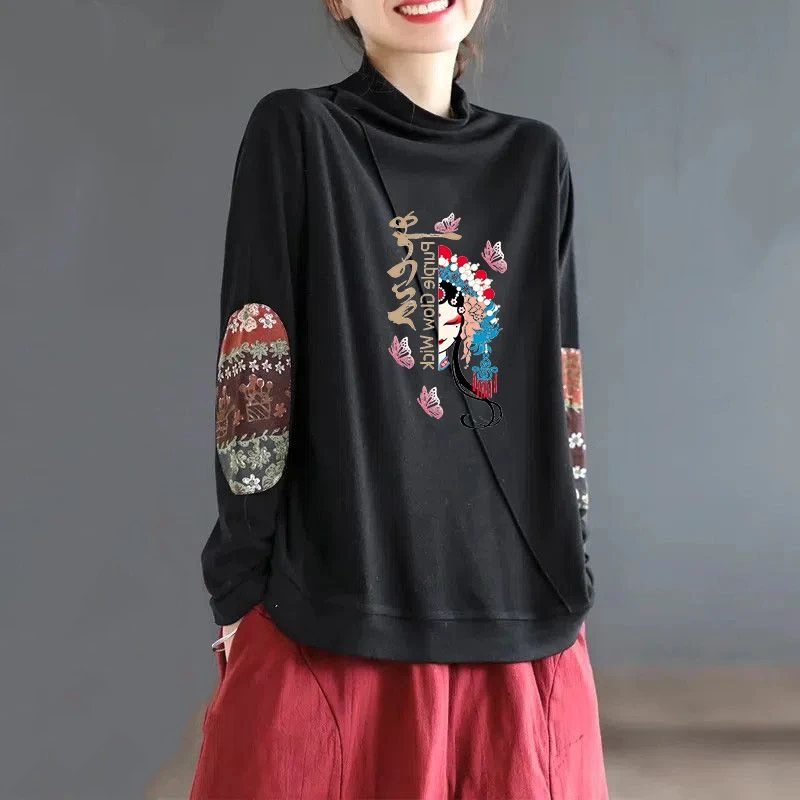 Spring Autumn Winter Long Sleeve Print Patchwork Loose Bottoming Shirt Casual All-match Tops Tees Vintage Fashion Women Clothing