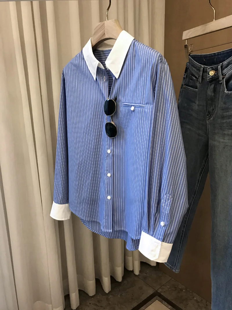

Весенне-летняя женская повседневная свободная рубашка в полоску с лацканами и длинными рукавами и карманами