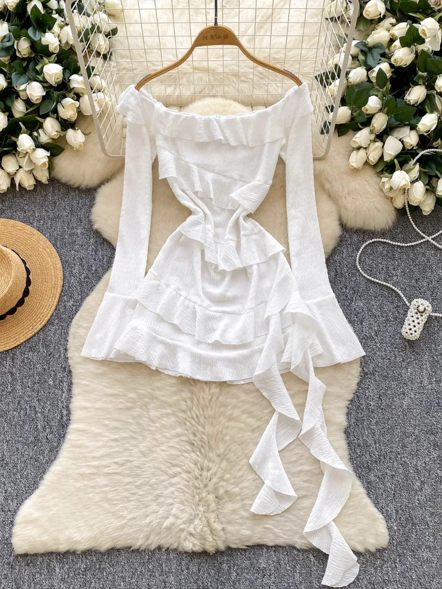 

Foamlina Милое стильное платье с открытыми плечами и расклешенными рукавами, женское летнее новое струящееся платье с рюшами, уникальные красивые шикарные белые мини-платья