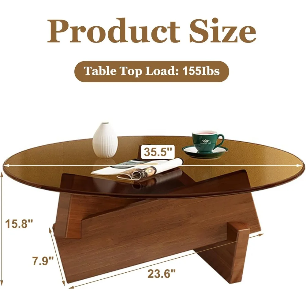 Mesa de centro, mesa de centro redonda para sala de estar, mesa de centro de vidrio moderna con patas de madera maciza, pestaña central de mediados de siglo de granja